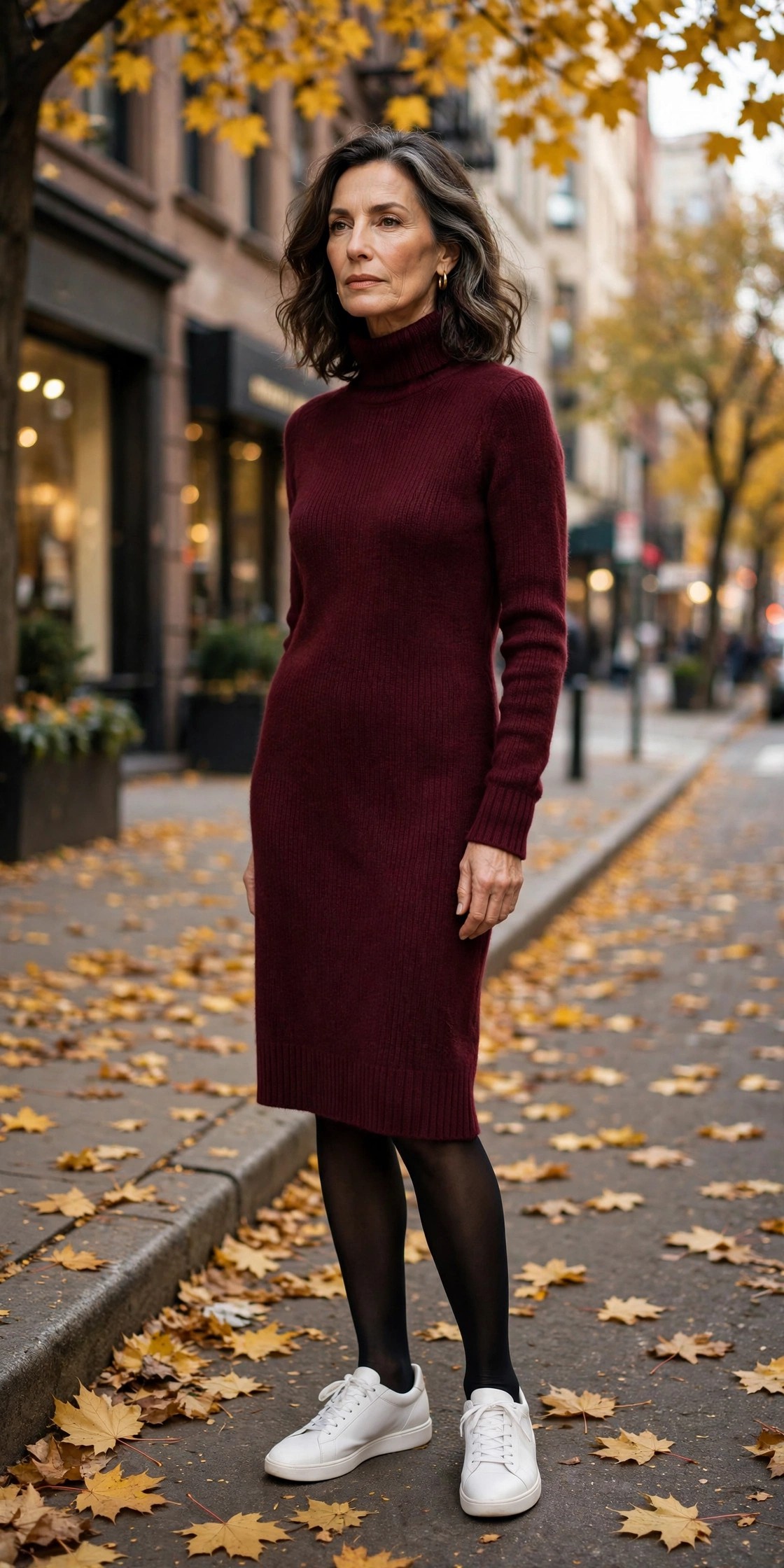 Elegant woman over 50 in white sneakers and a burgundy sweater dress on a city sidewalk