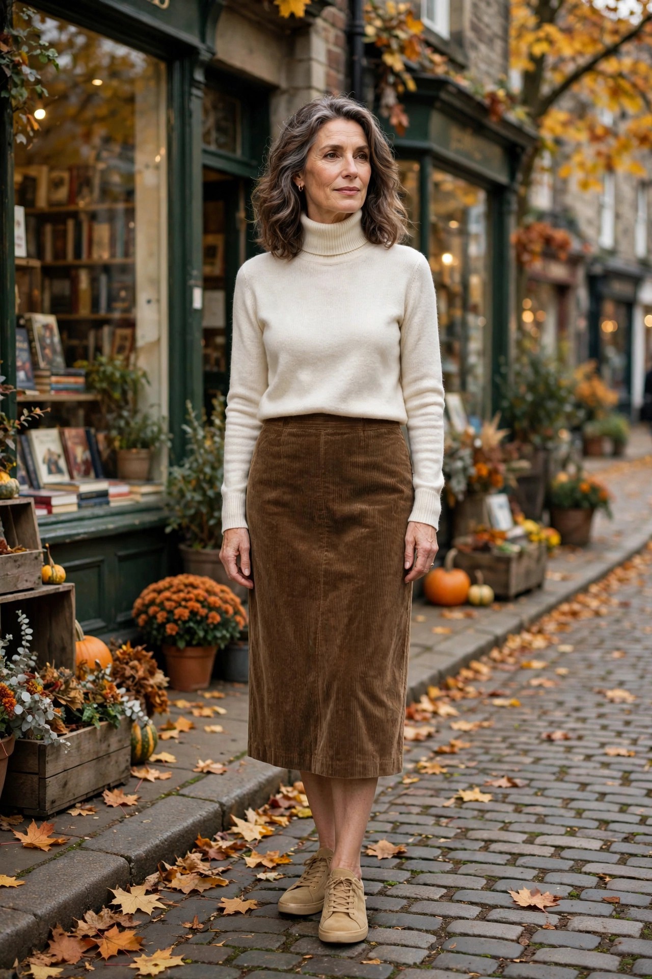 Woman over 50 in tan sneakers, corduroy skirt and turtleneck on a fall street