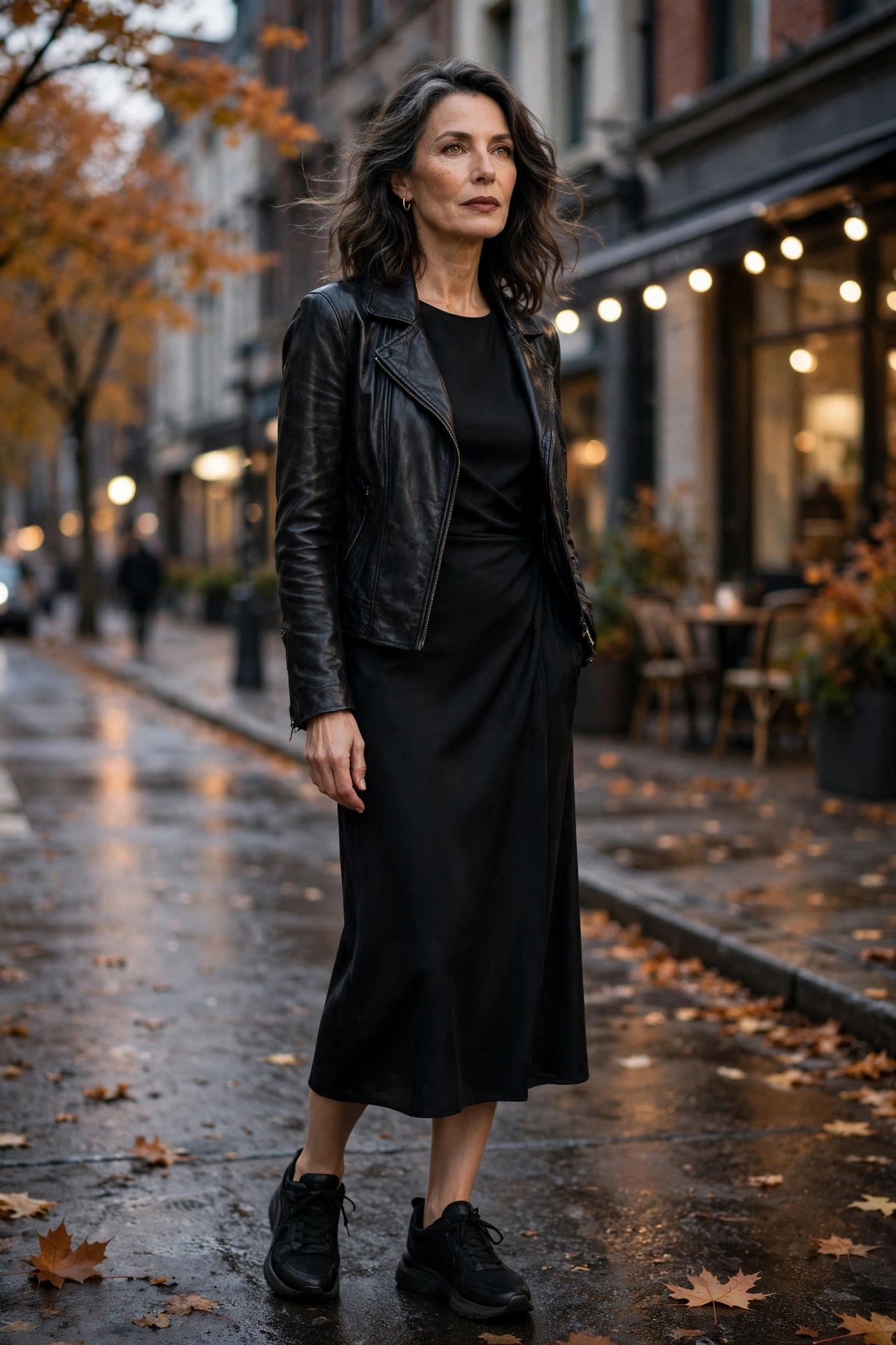 Woman in her 50s wearing black sneakers, black midi dress and leather jacket in the evening