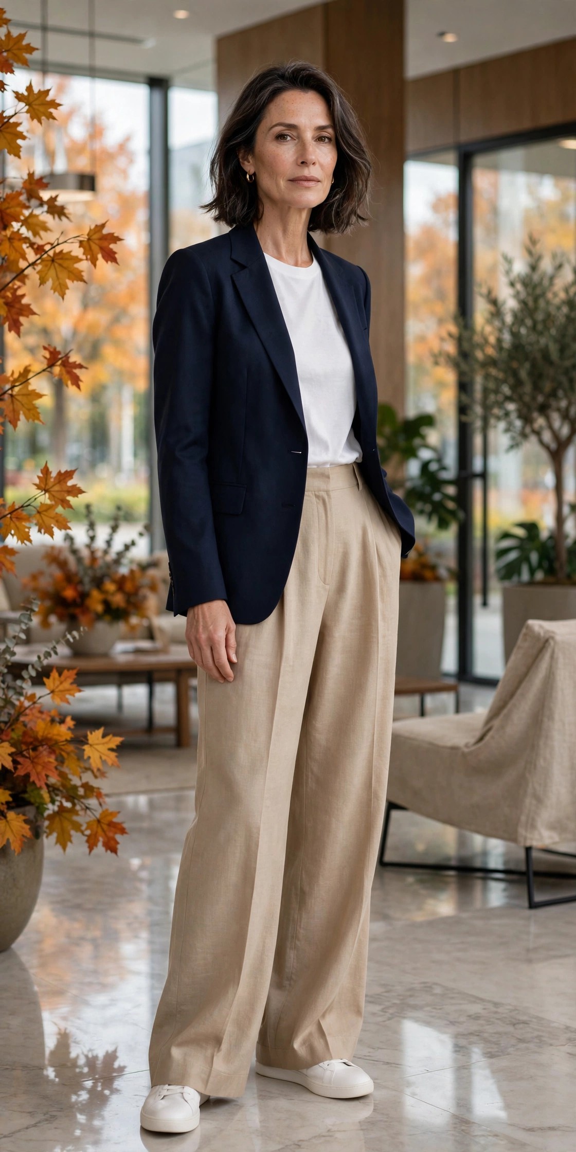 Elegant woman over 50 in white sneakers, wide-leg trousers and a navy blazer in an office