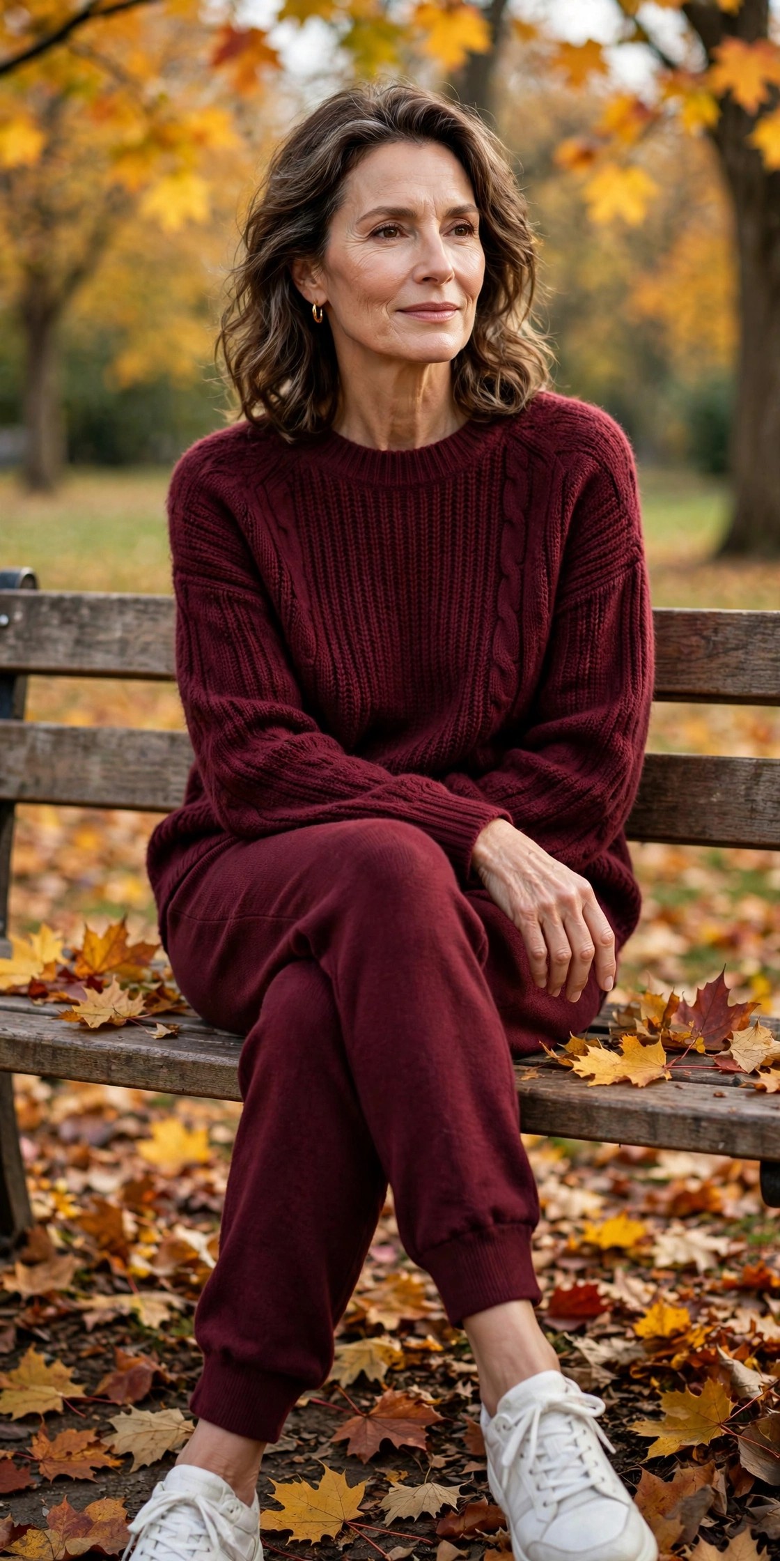 Woman over 50 in white sneakers and a burgundy knit set on a park bench in autumn