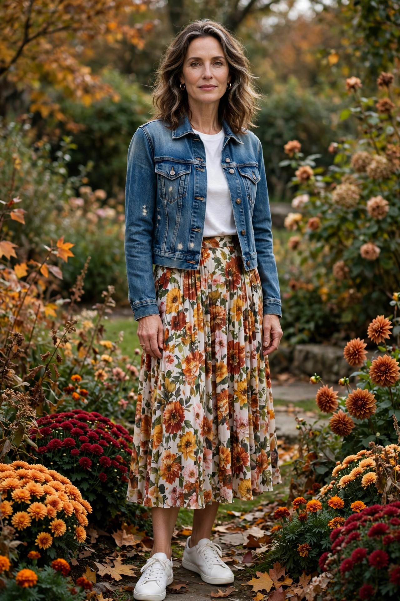 Woman in her 50s wearing white sneakers, floral midi skirt and denim jacket in a fall garden