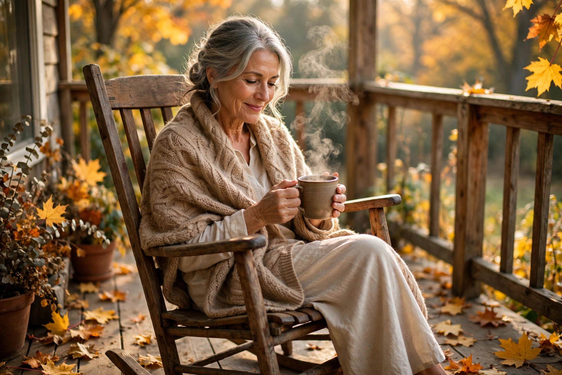 Woman in her 60s sipping morning coffee on a wooden porch surrounded by autumn leaves