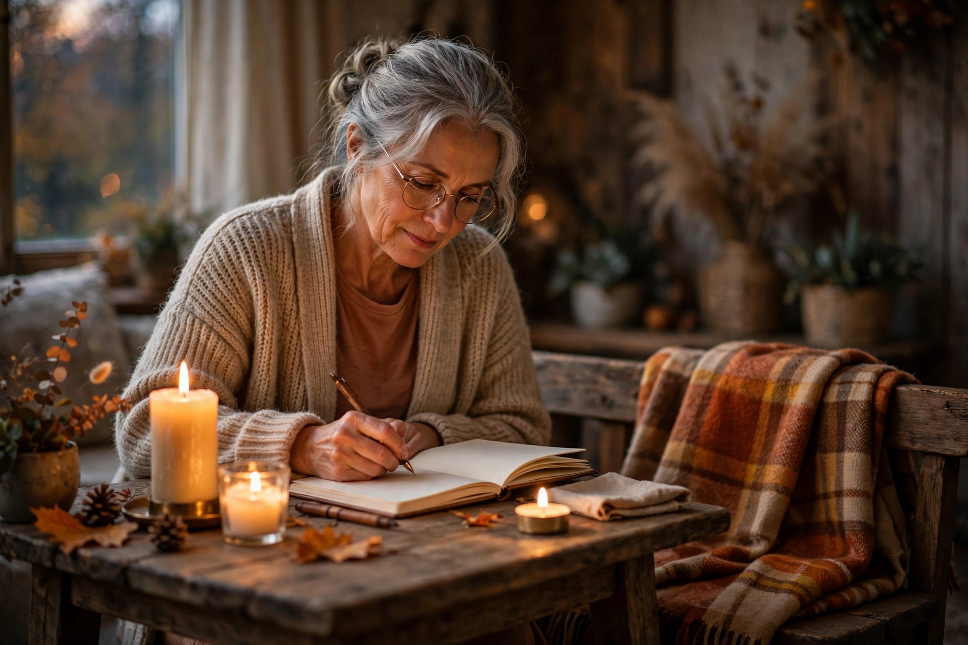 Woman journaling by candlelight at a wooden table in the evening