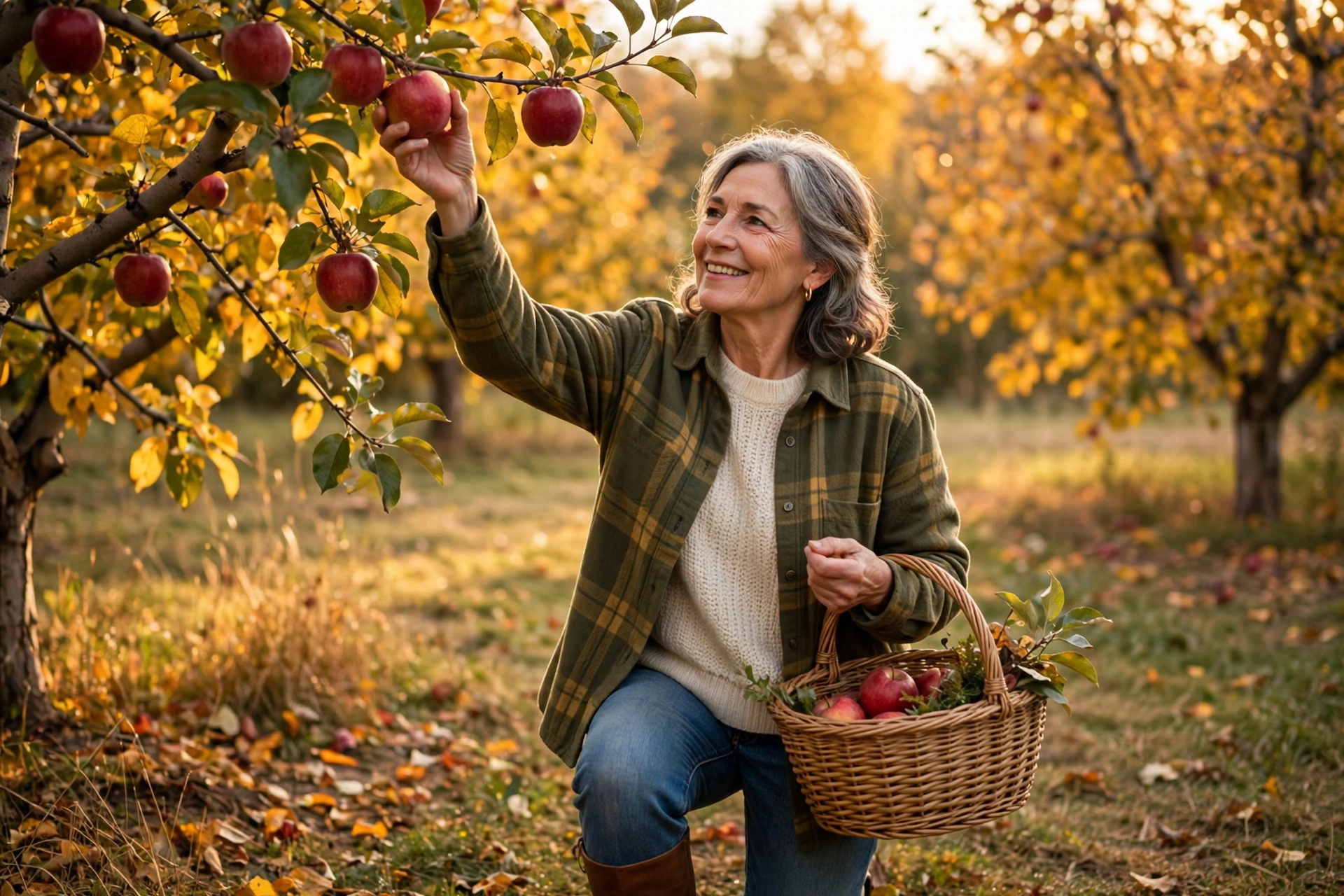 Woman in her 60s picking red apples in an autumn orchard with a wicker basket