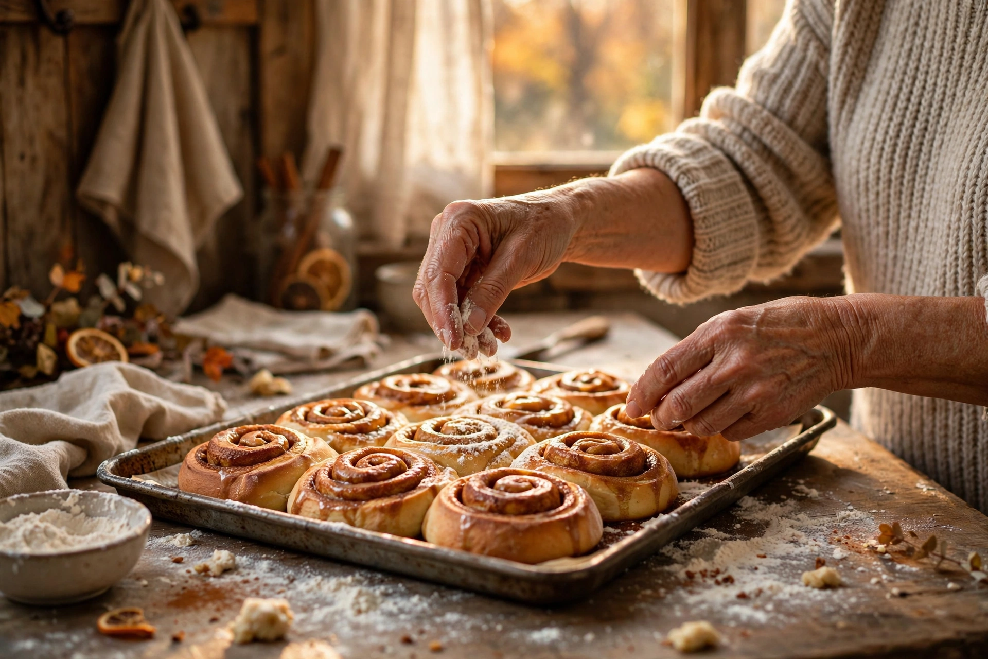 Hands of a woman baking homemade cinnamon rolls in a rustic kitchen