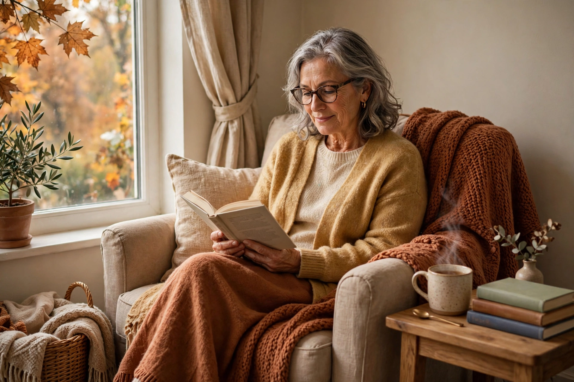 Cozy reading nook with armchair, rust throw blanket, books and tea by a window