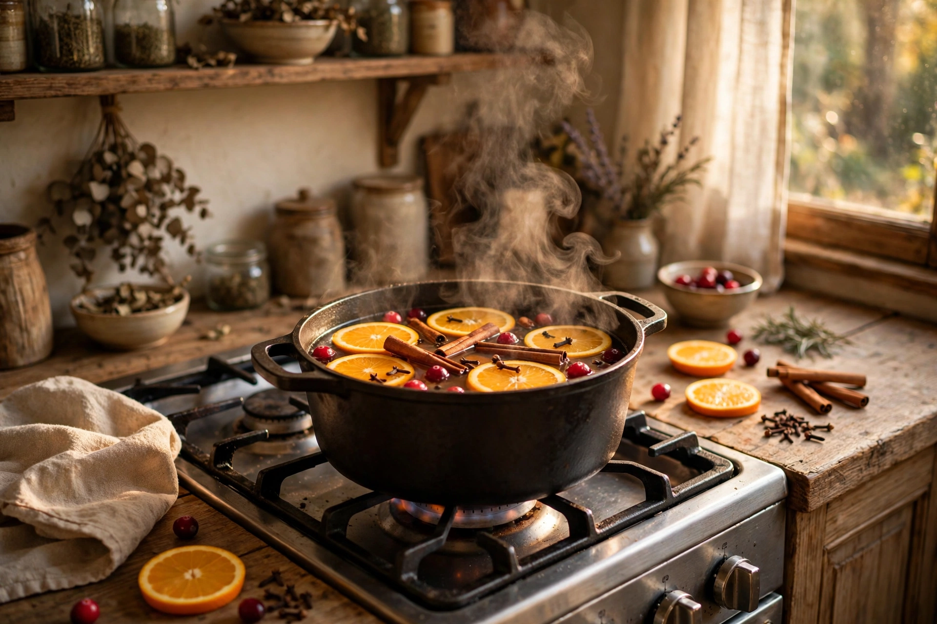 Autumn simmer pot with orange slices, cinnamon sticks and cranberries steaming