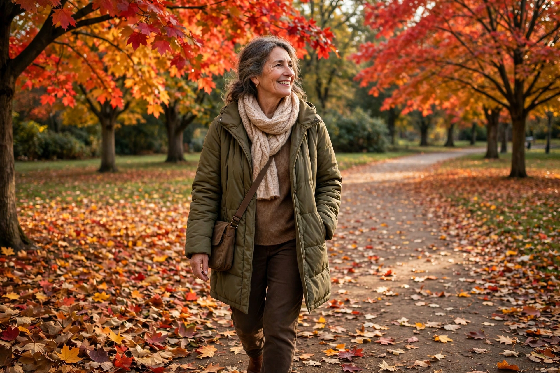Woman in her 60s walking a leaf-covered park path among red maple trees