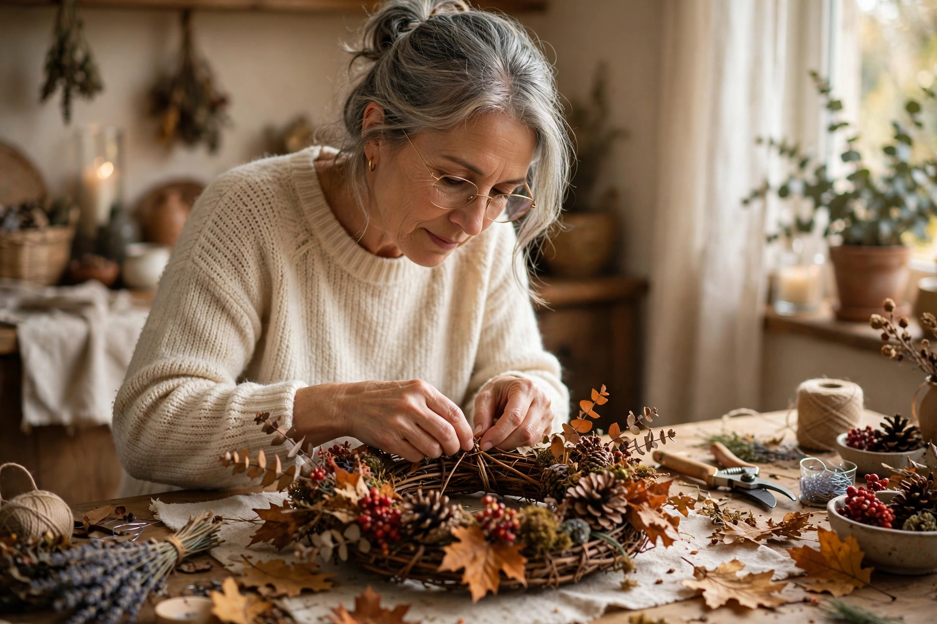 Woman crafting an autumn wreath with dried leaves, pinecones and berries