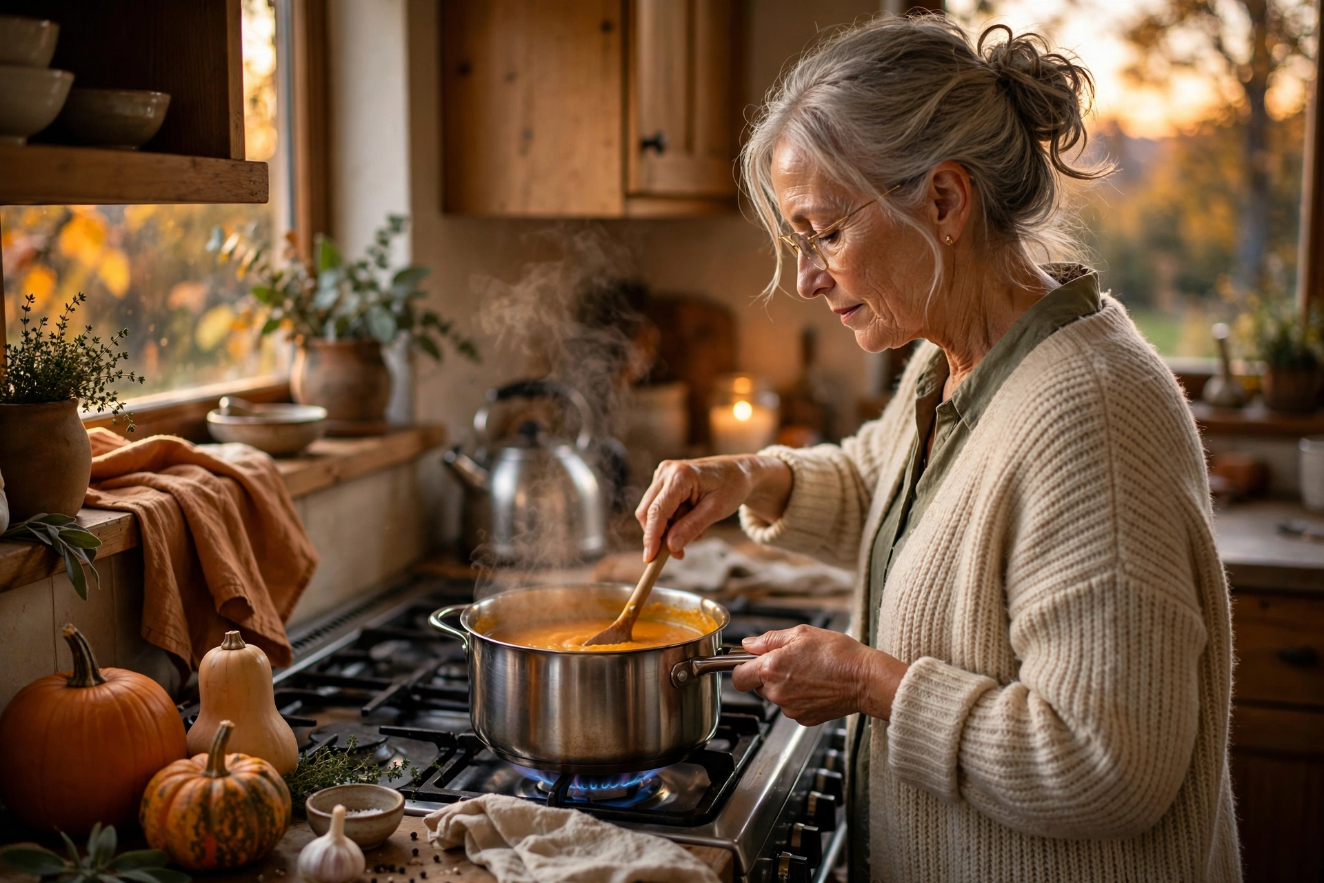 Woman stirring homemade pumpkin soup on the stove in a cozy kitchen