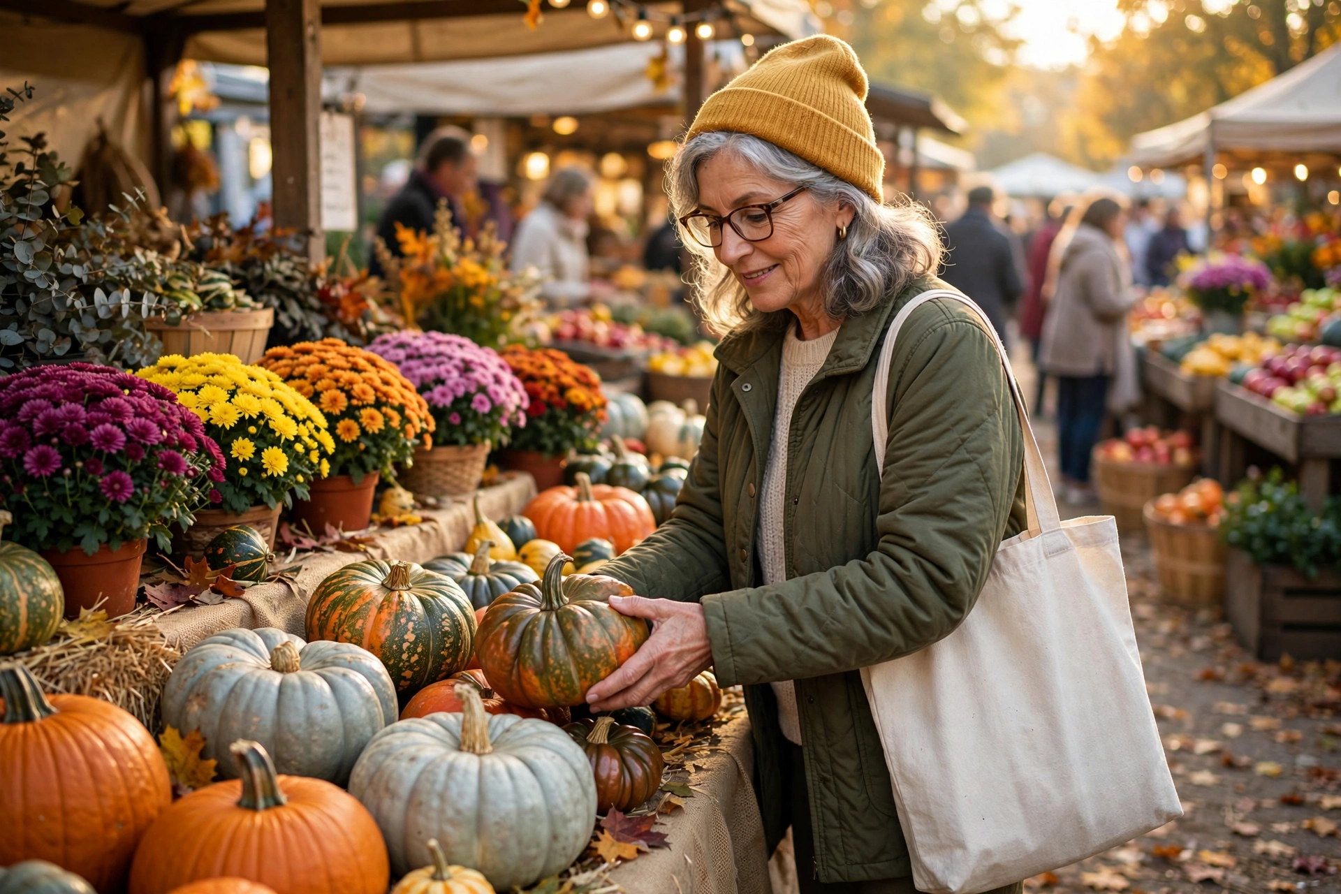 Woman choosing heirloom pumpkins and mums at a fall farmers market