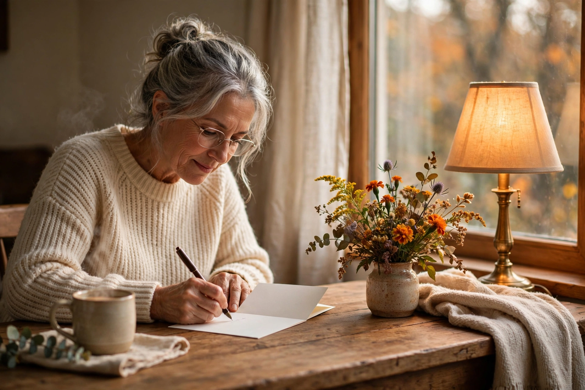 Woman writing a gratitude letter at a wooden desk with autumn wildflowers