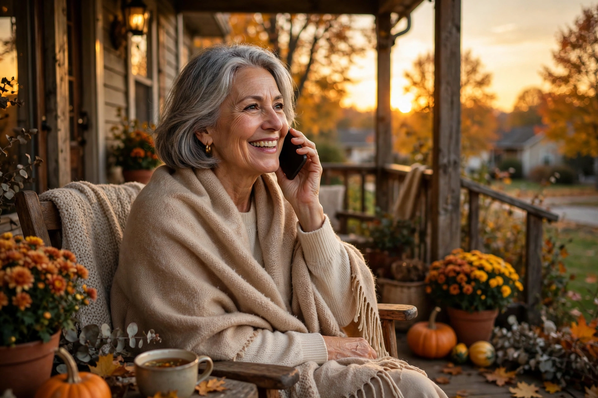Woman smiling on a golden-hour phone call with a friend on her porch