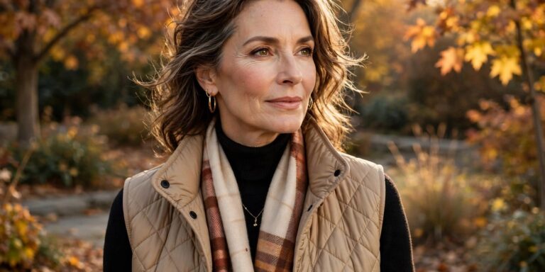 Woman over 50 wearing a quilted vest fall outfit - best fall vest outfits for women over 50