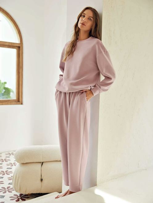 Cashmere lounge set with cozy socks for fall night in outfit woman over 50