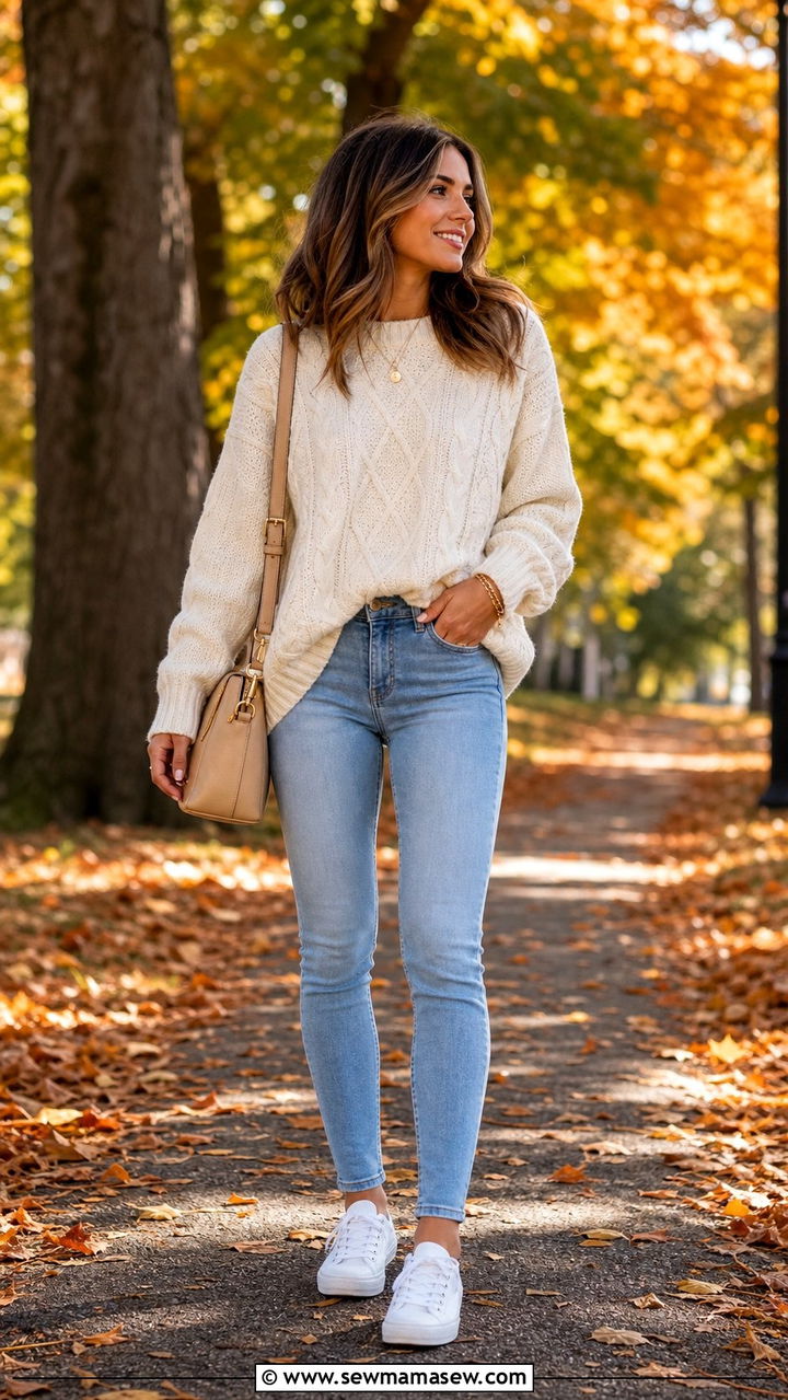 Cream cable knit sweater with light wash jeans and woven tote at farmers market