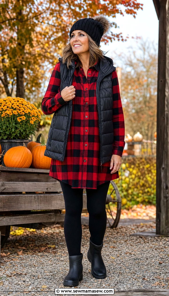 Buffalo check flannel shirt with black leggings for fall garden outfit woman over 50