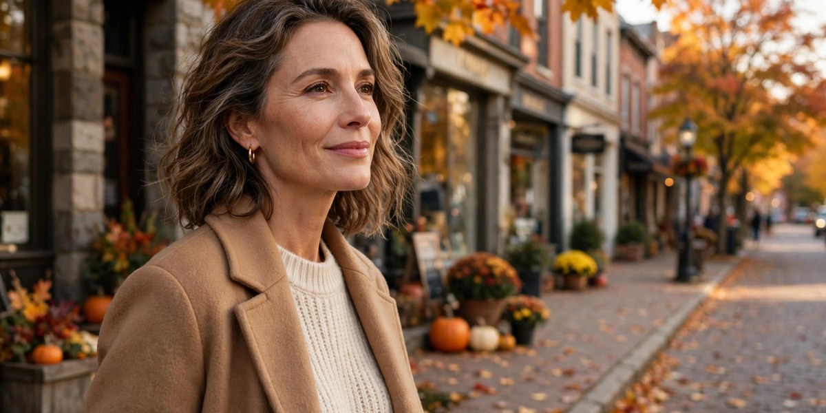 Elegant woman over 50 in a cream sweater and camel coat on a fall weekend street with autumn foliage