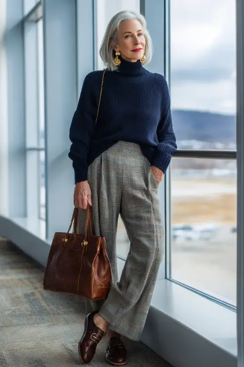 Navy sweater with plaid trousers and loafers for visiting family fall outfit woman over 50