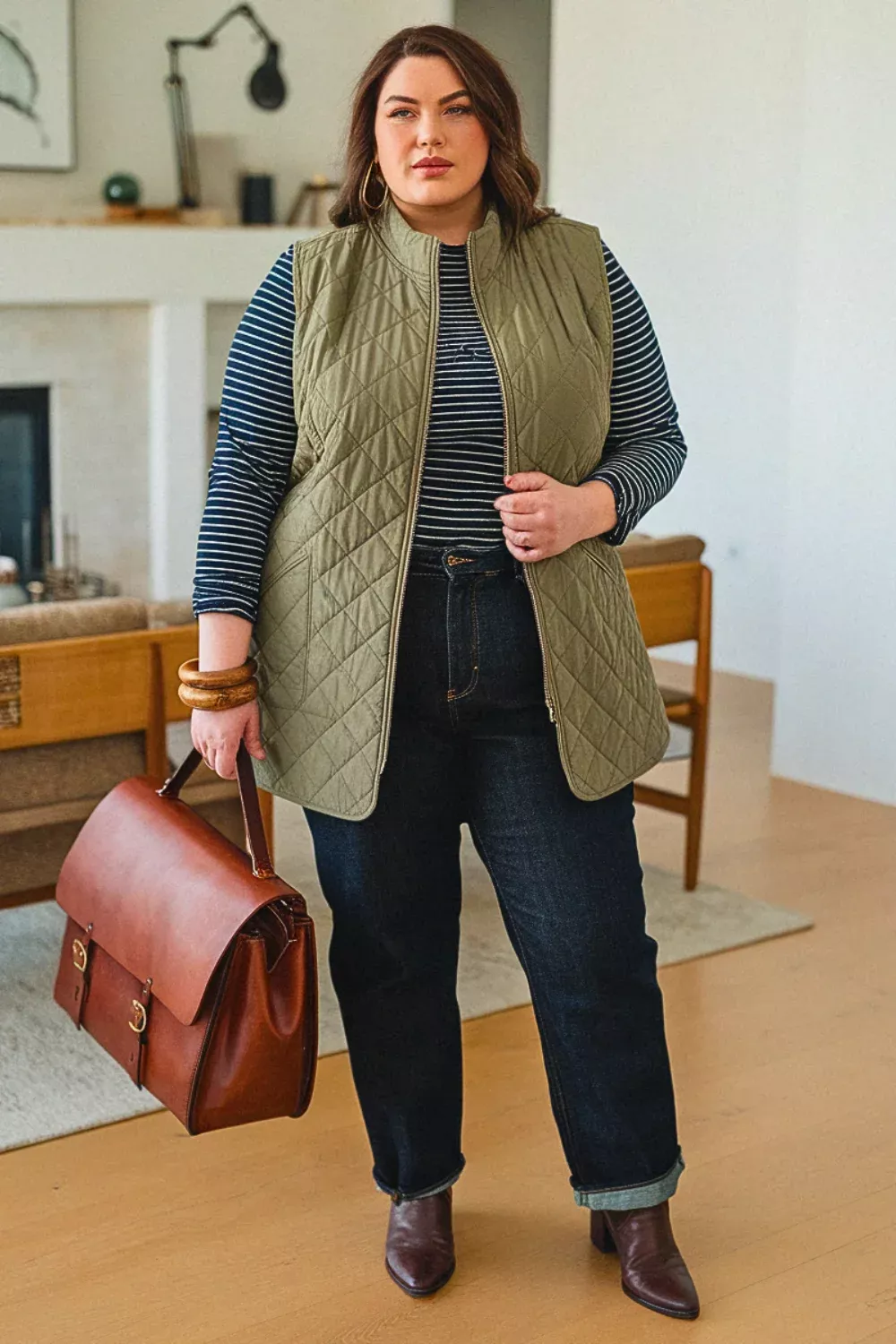 Olive quilted vest with navy striped tee and dark jeans, errands outfit for woman over 50