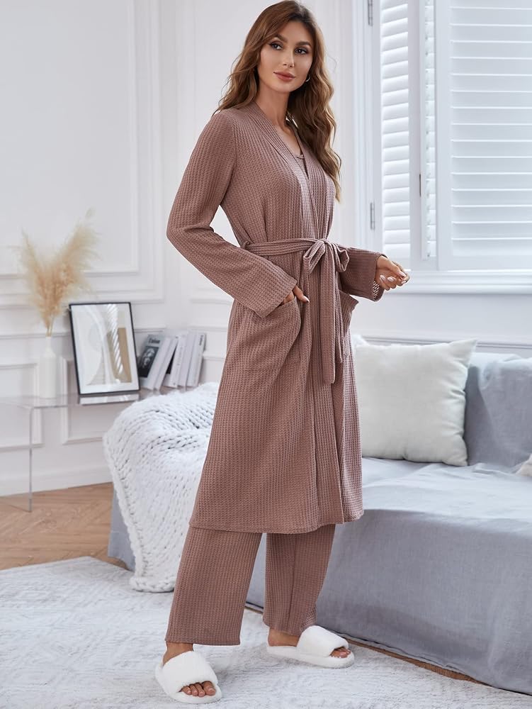 Waffle robe over cotton pajama set with slippers for fall Sunday night reset