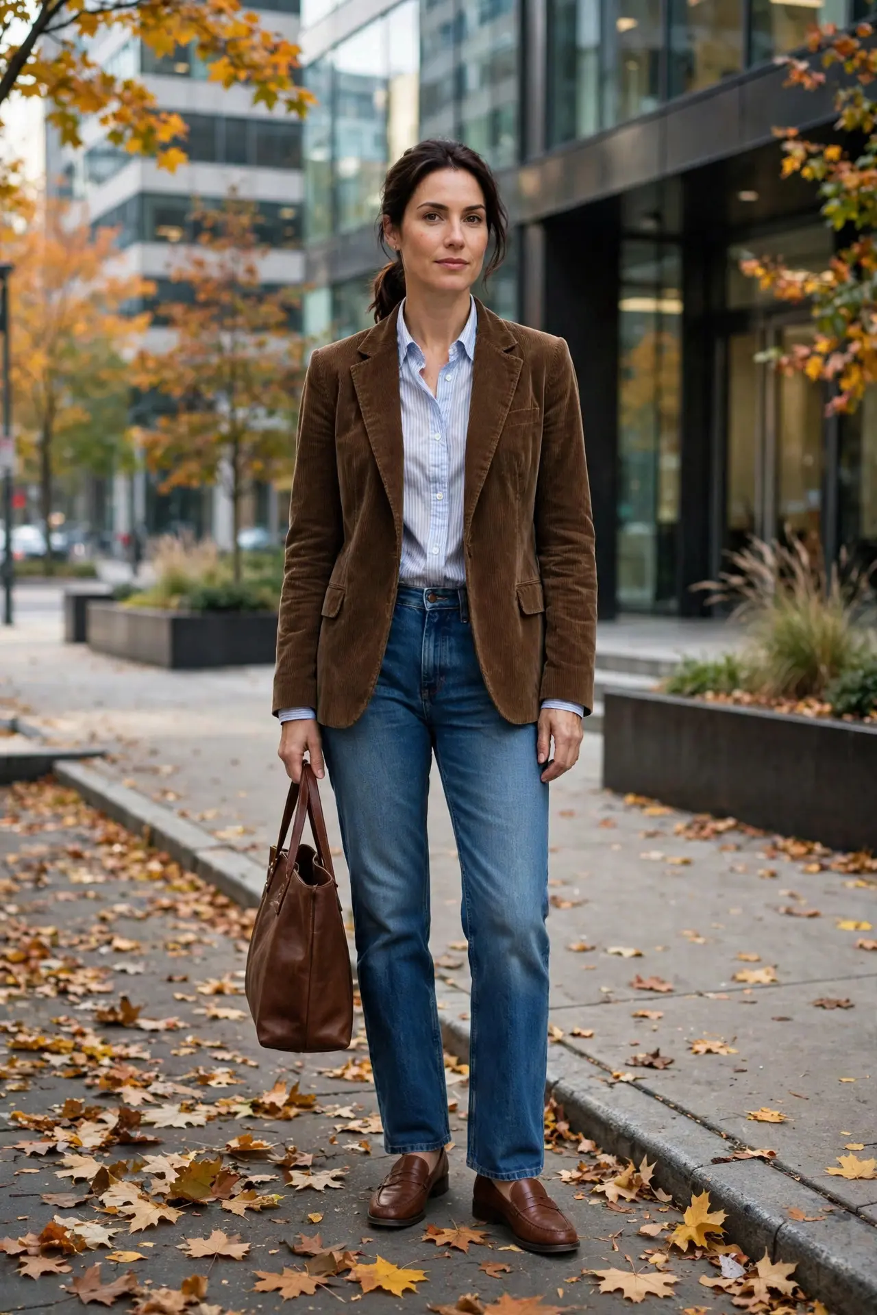 Woman wearing fall work outfits: a brown corduroy blazer over a light blue striped shirt with straight-leg jeans, brown loafers and a leather tote on an autumn sidewalk