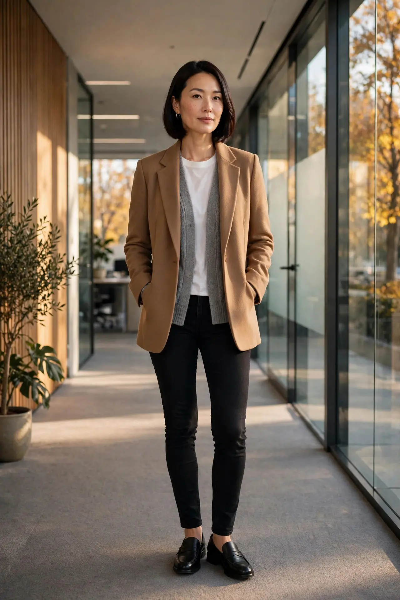 Woman in a camel blazer over a gray cardigan and white top with black skinny jeans and black loafers in a modern office corridor