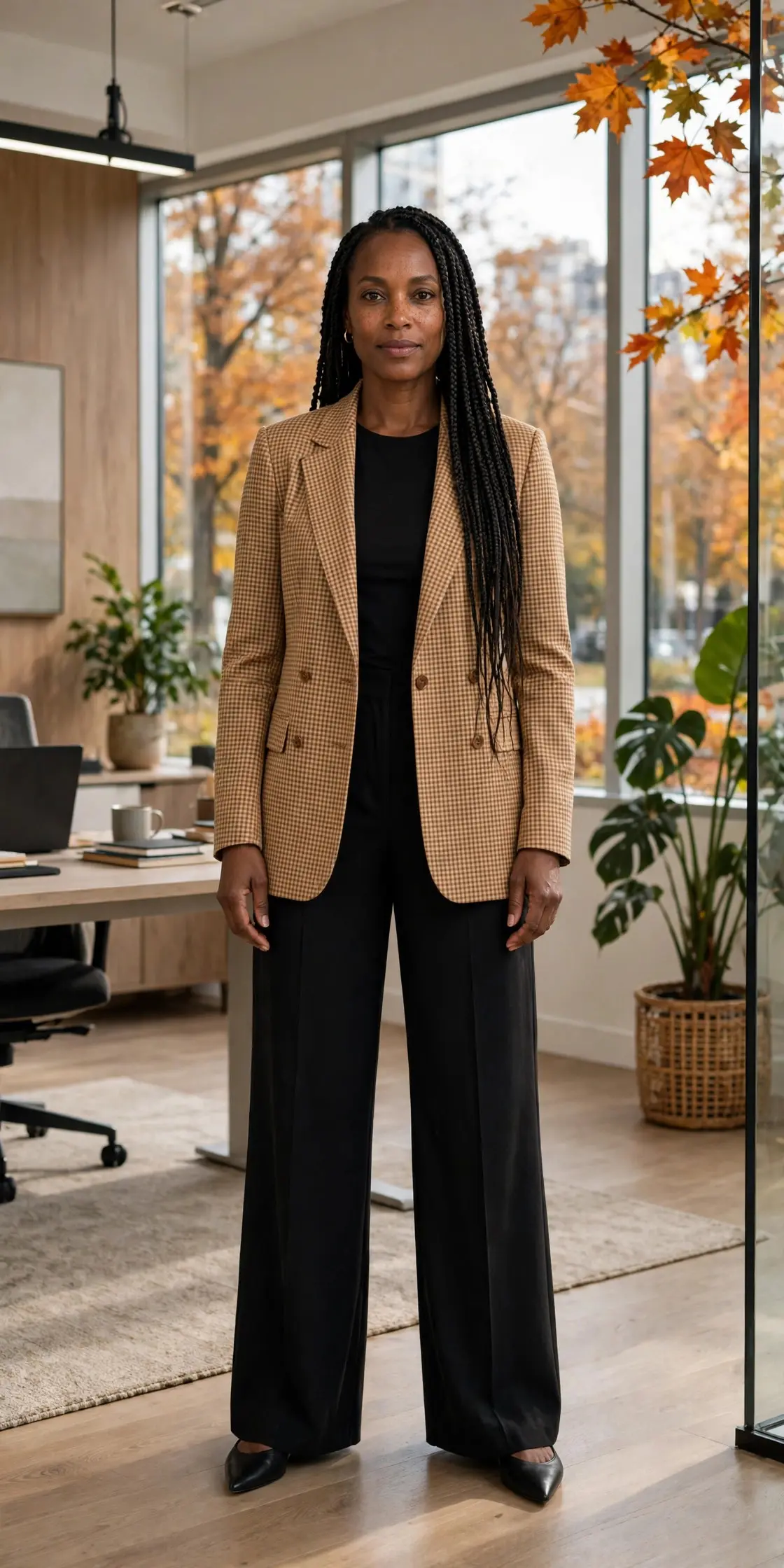 Woman in a tan gingham checked blazer over a black top with black wide-leg trousers and black pointed flats in a bright modern office