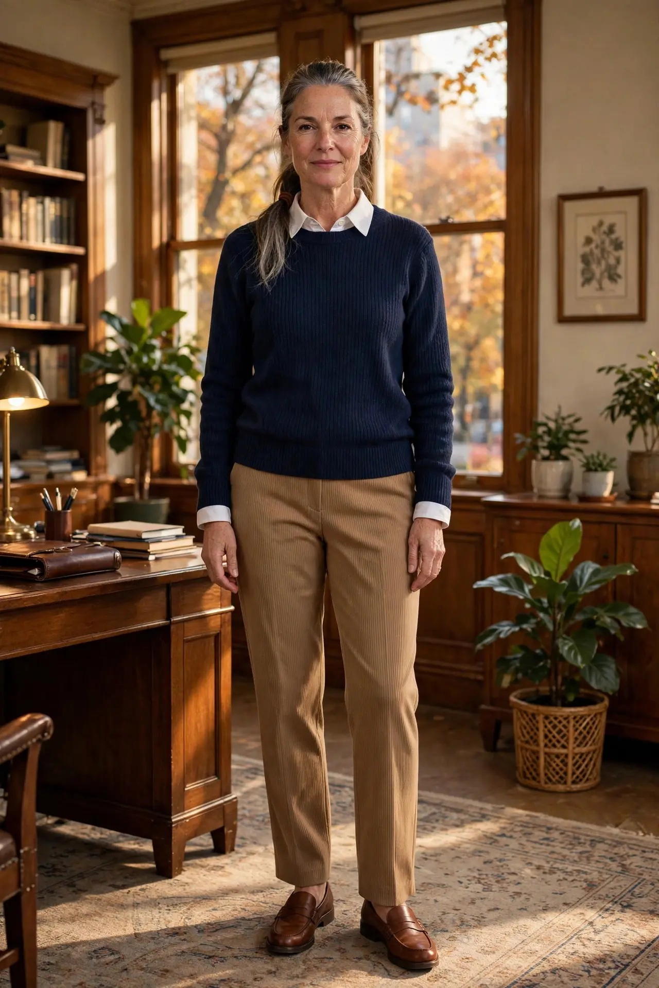 Woman in a navy sweater over a white collared shirt with camel ribbed trousers and brown loafers in a classic office