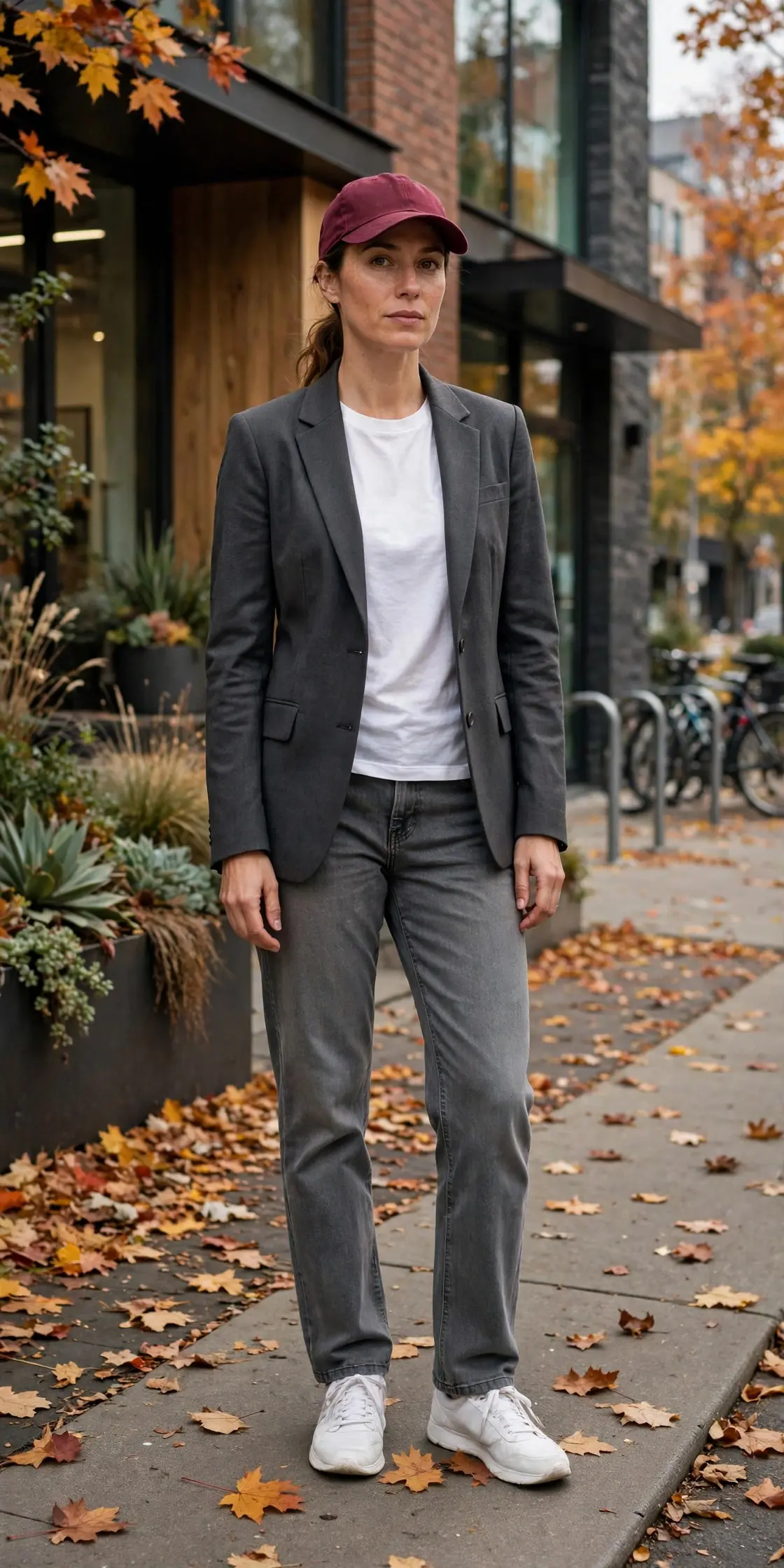 Woman in a charcoal blazer over a white t-shirt with gray jeans, white sneakers and a burgundy baseball cap outside a creative office