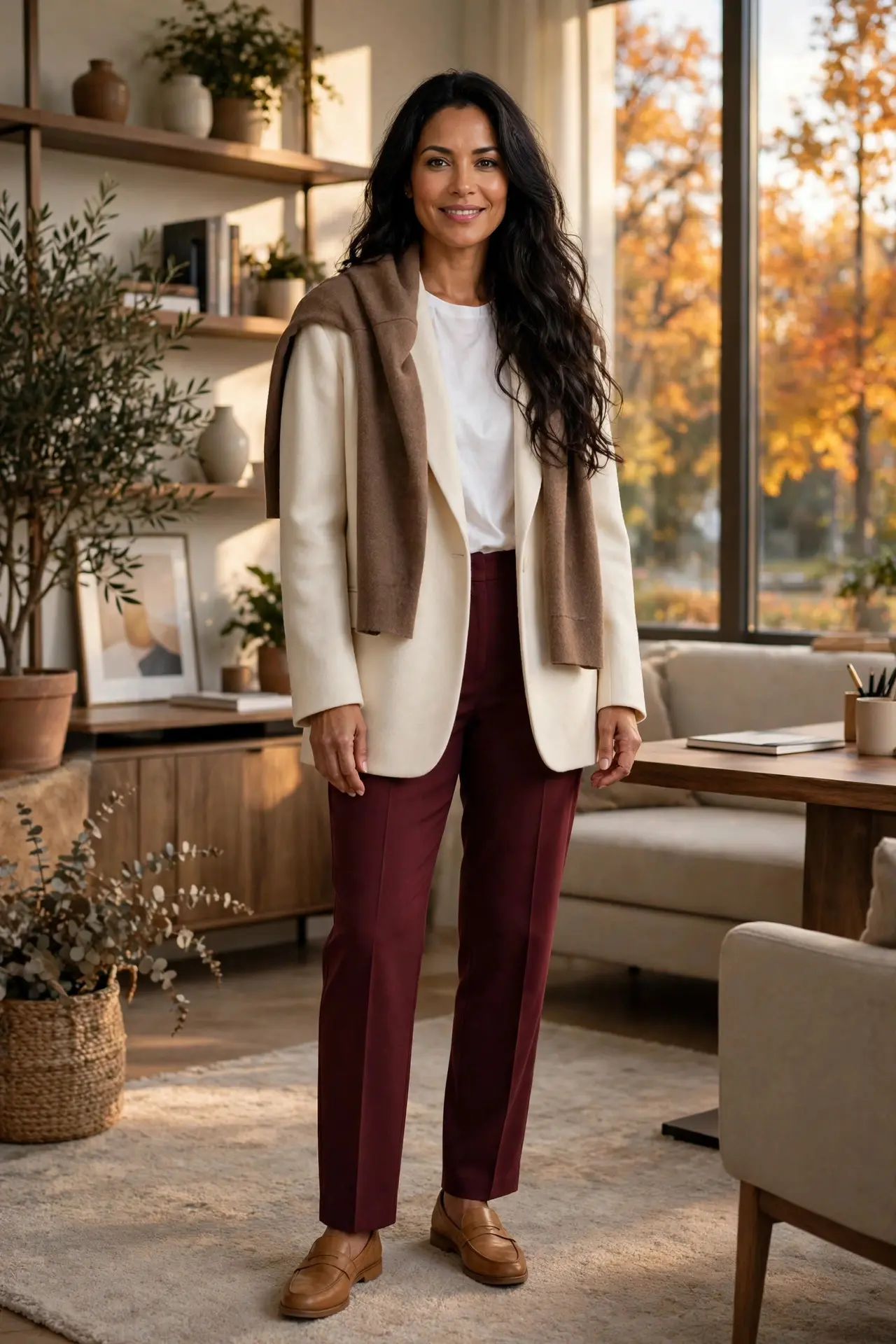 Woman in a cream oversized blazer over a white t-shirt with burgundy trousers, tan loafers and a brown scarf draped over the blazer