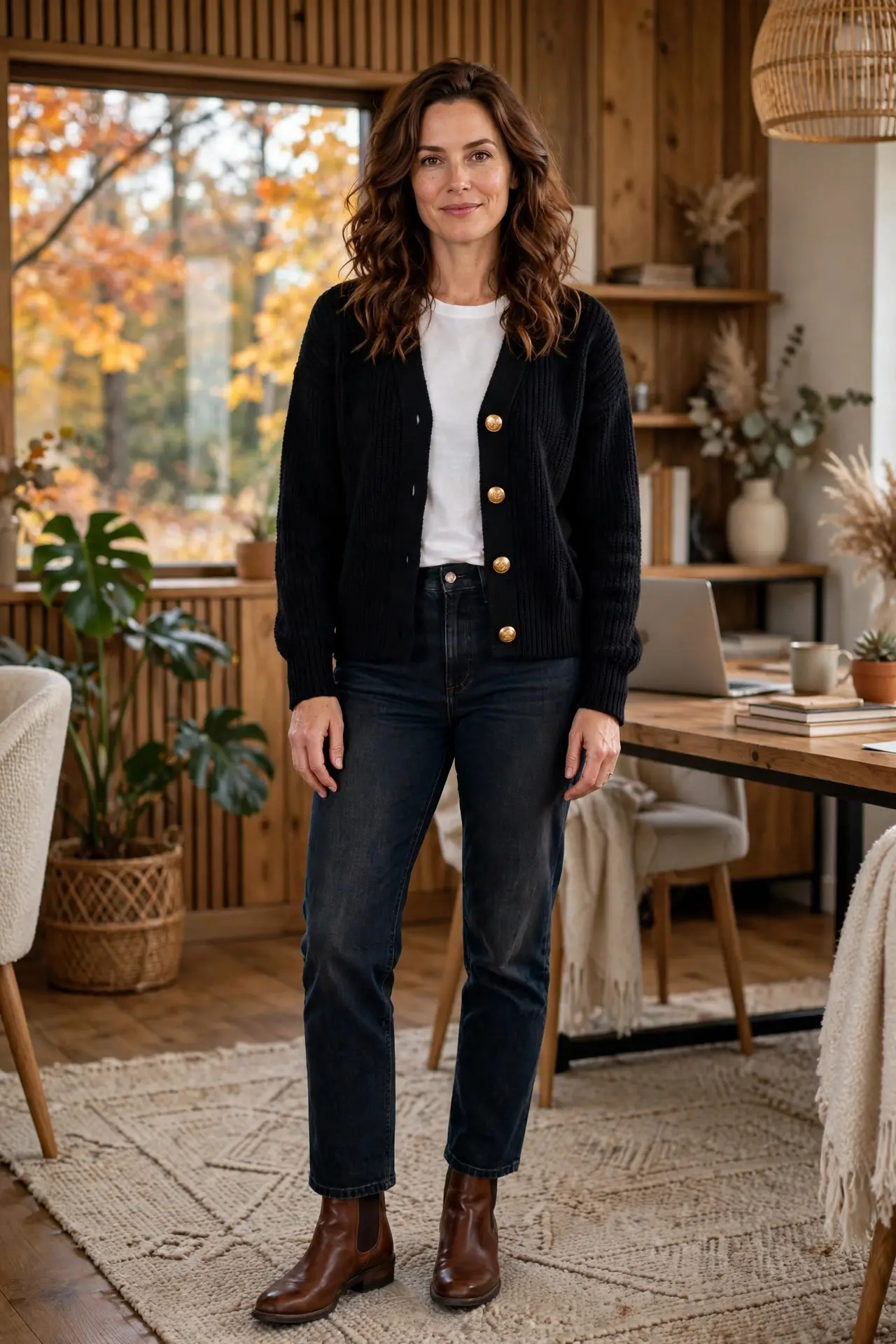 Woman in a black cardigan with large gold statement buttons over a white top with dark jeans and brown ankle boots in a cozy office