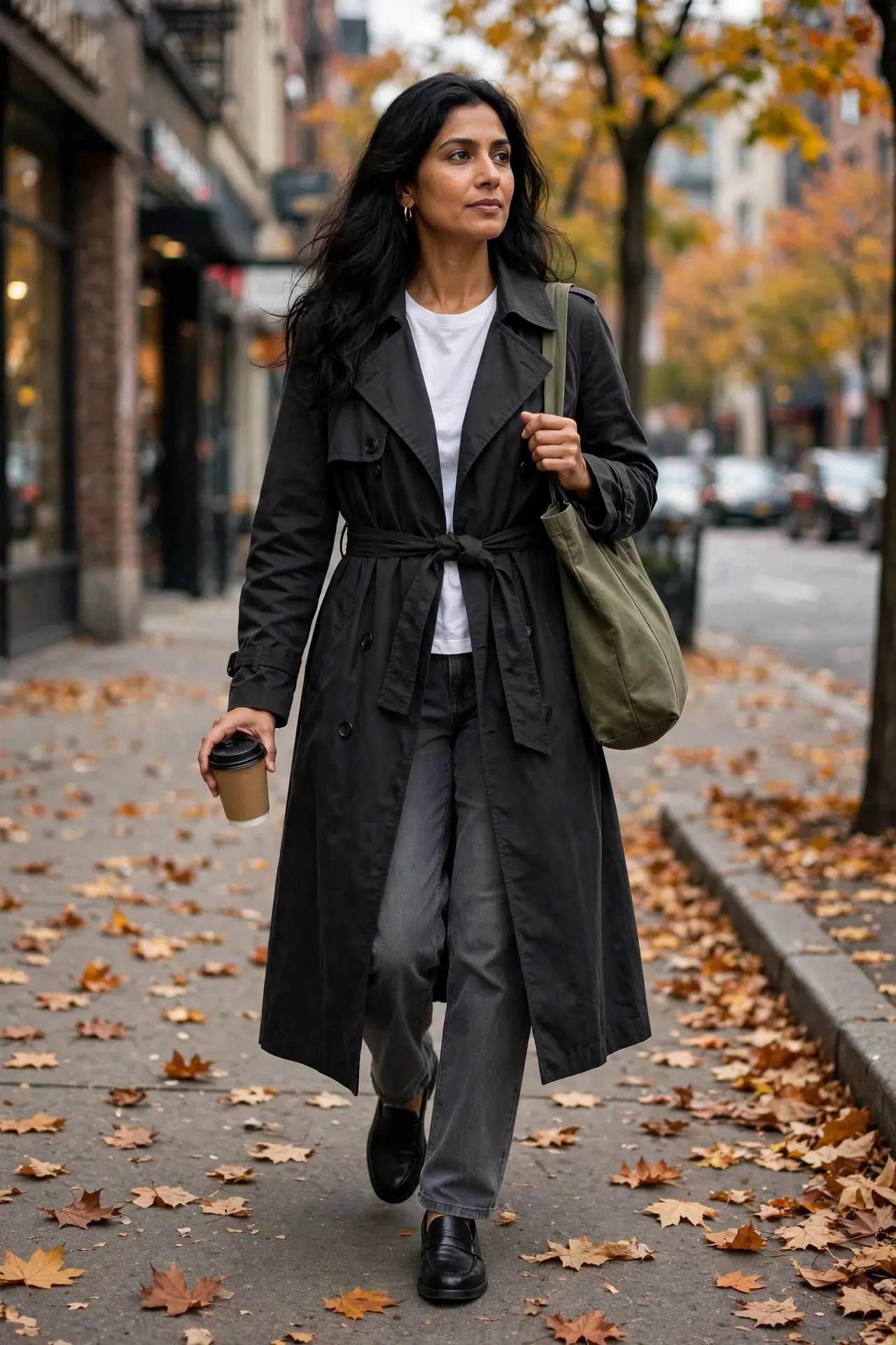 Woman in a long dark trench coat over a white t-shirt with gray jeans and black loafers, carrying an olive tote and a coffee on an autumn sidewalk