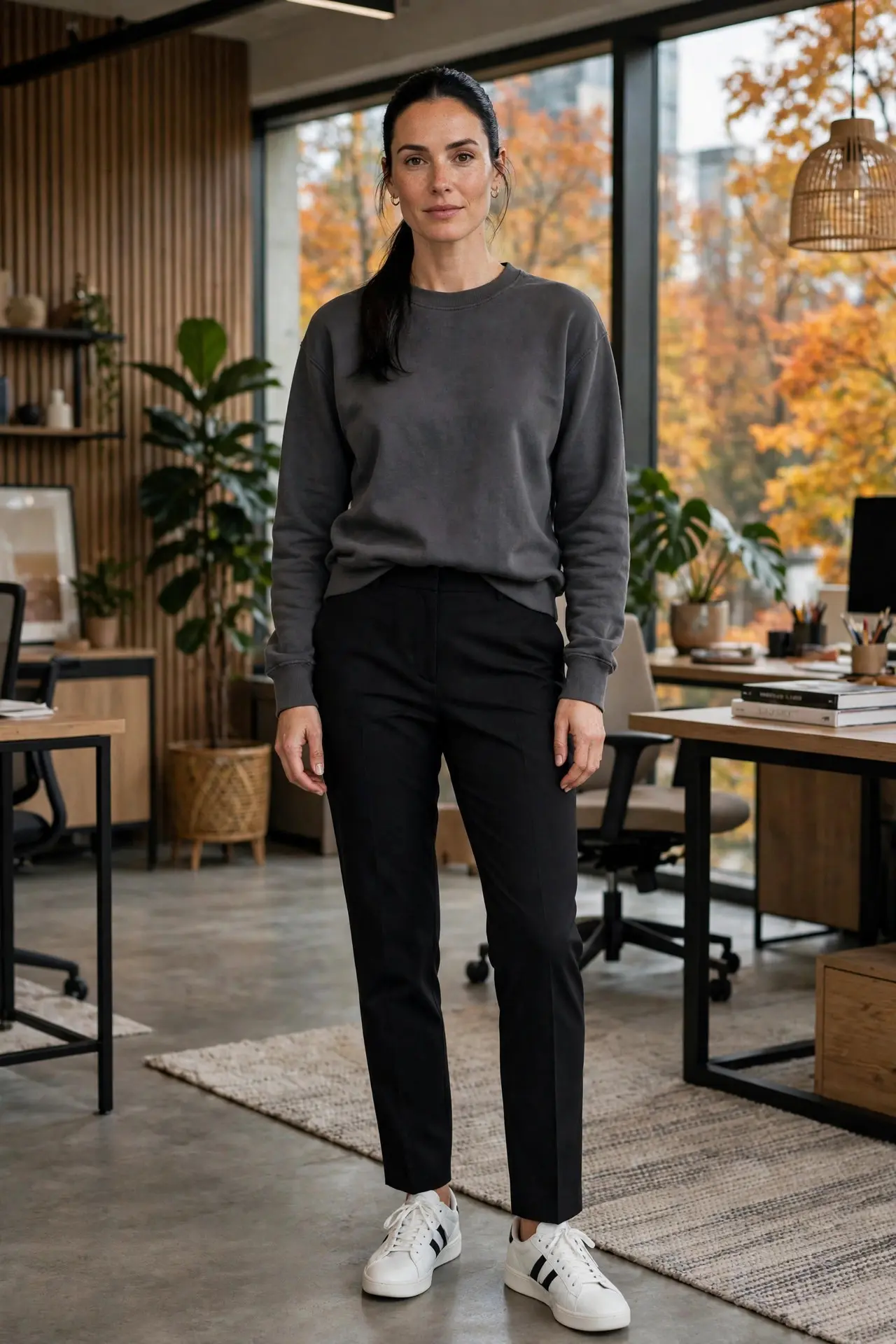 Woman in a charcoal sweatshirt half-tucked into tailored black trousers with white sneakers with a black stripe in a creative modern office
