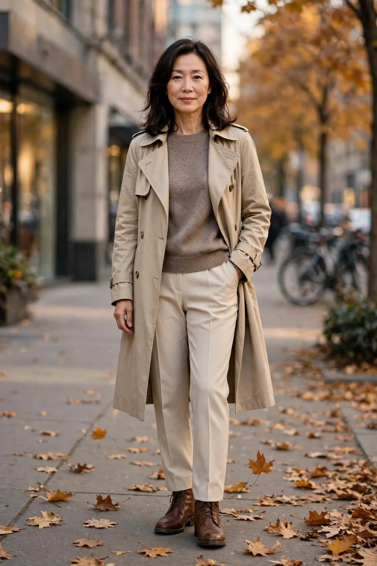Woman in a beige trench coat over a taupe sweater with cream trousers and brown lace-up boots on an autumn city sidewalk