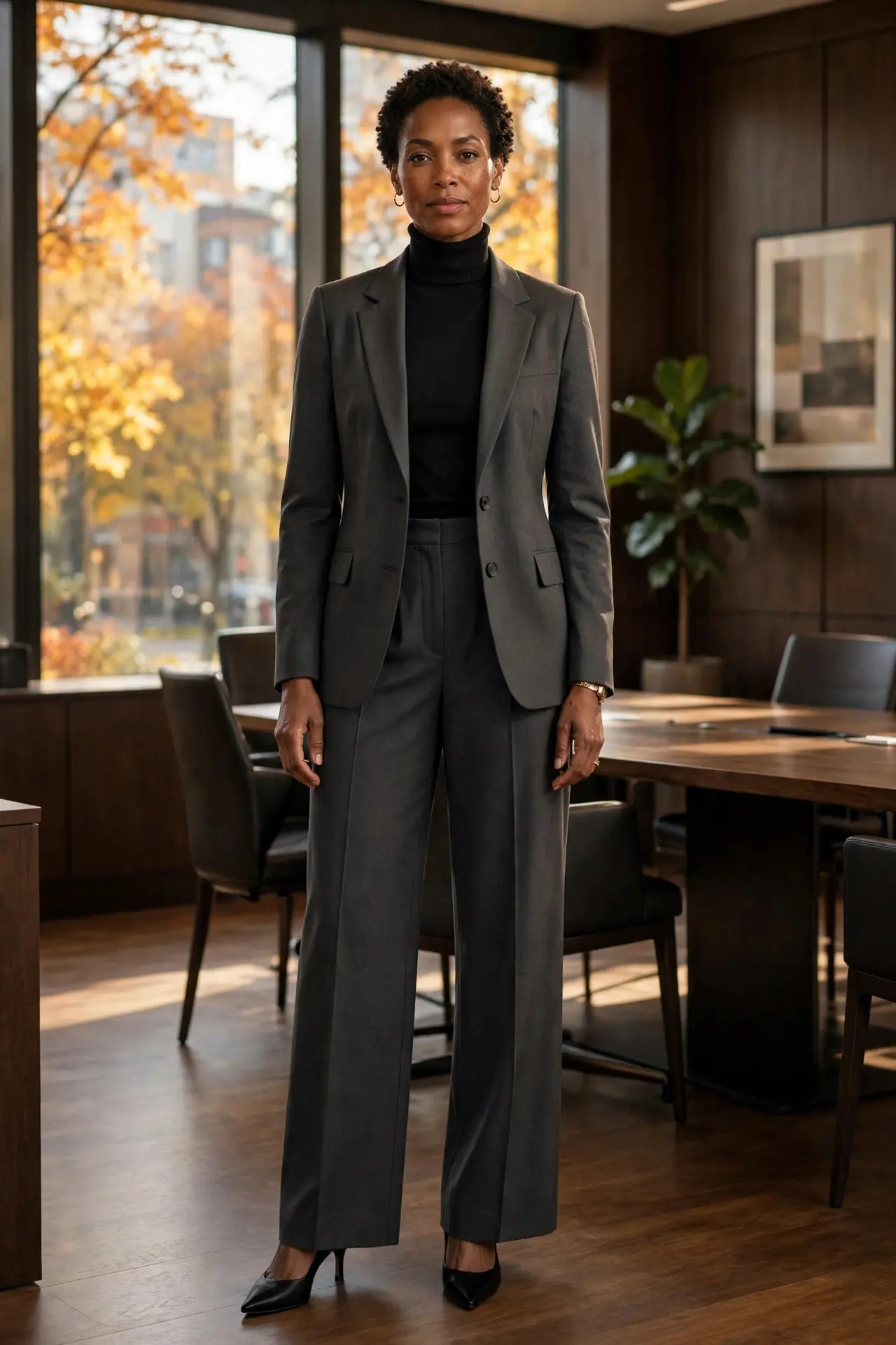 Woman in a matching charcoal trouser suit set with a black turtleneck and black pointed heels in an elegant boardroom