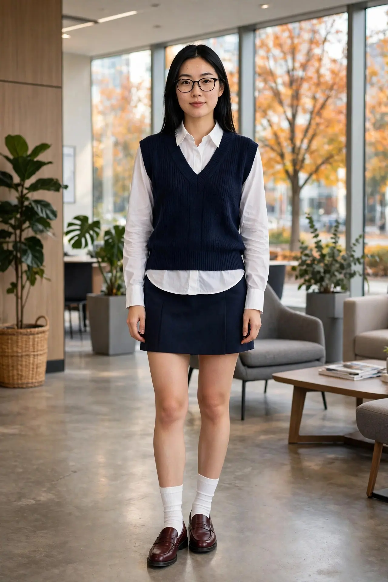 Woman in a navy knit vest over a white button-down shirt with a navy mini skirt, white socks and burgundy loafers in a bright office lobby