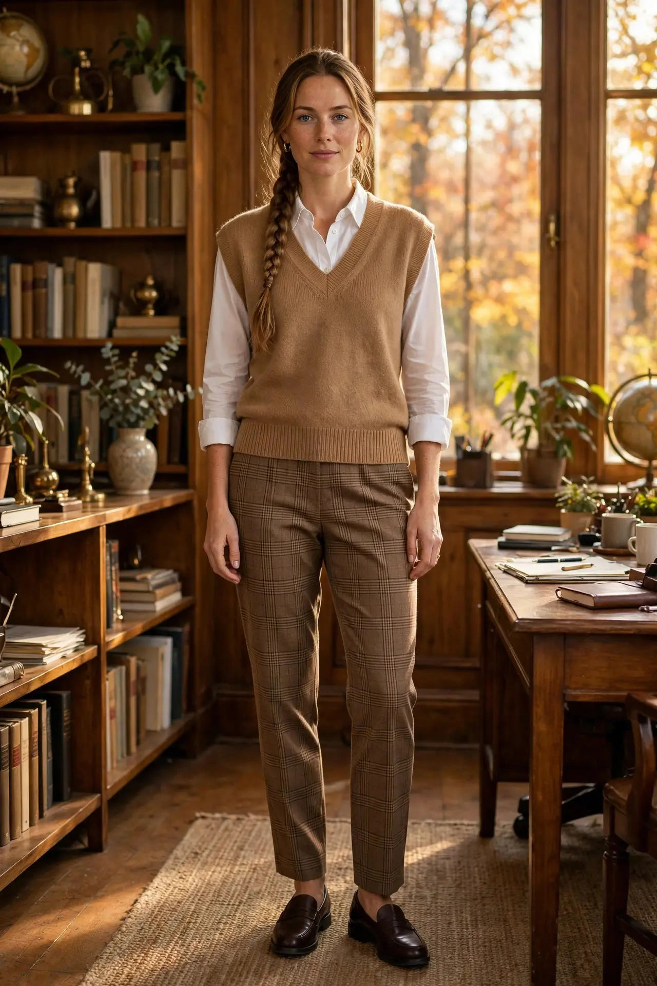 Woman in a camel sweater vest over a white button-down shirt with brown plaid trousers and dark brown loafers in a classic office