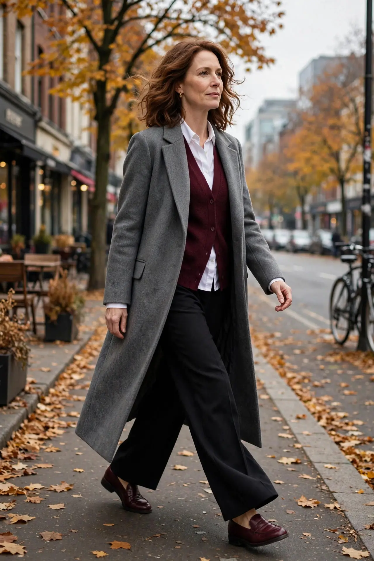 Woman in a long gray wool coat over a burgundy cardigan and white shirt with black wide-leg trousers and burgundy loafers on an autumn street