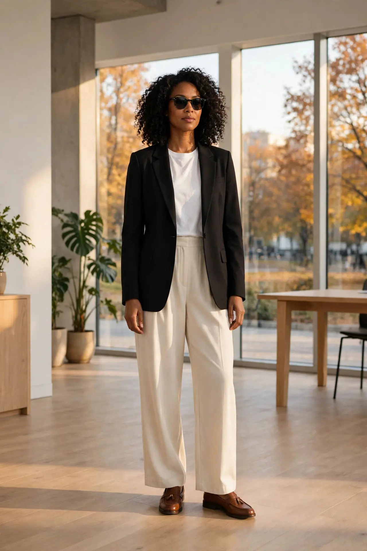 Woman in a black blazer over a white t-shirt with cream wide-leg trousers, brown loafers and sunglasses in a minimalist modern office