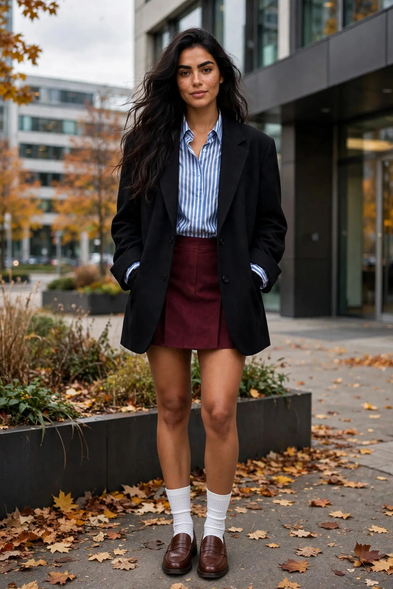 Woman in an oversized black blazer over a blue striped shirt with a burgundy mini skirt, white socks and brown loafers outside an office building