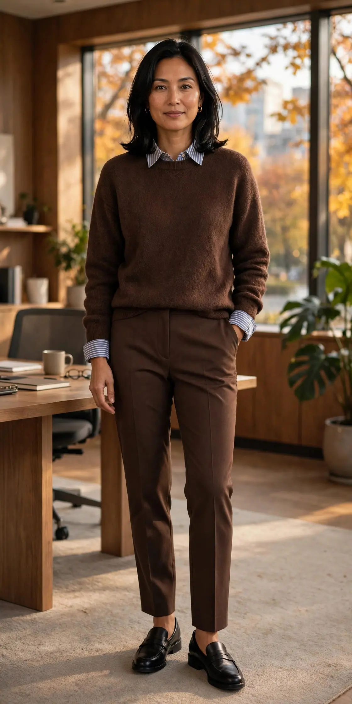 Woman in a chocolate brown knit sweater over a striped collared shirt with matching brown trousers and black loafers in a warm modern office