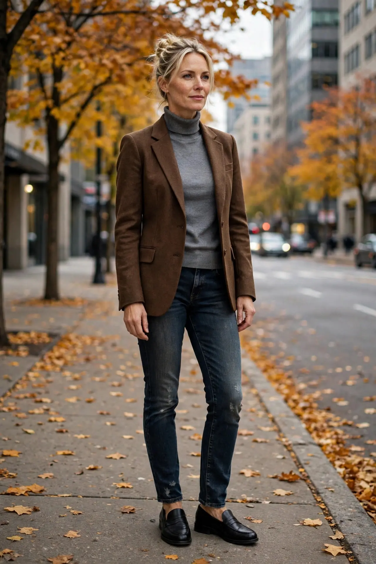 Woman in a brown blazer over a gray turtleneck with dark lightly distressed jeans and black loafers on an autumn city sidewalk