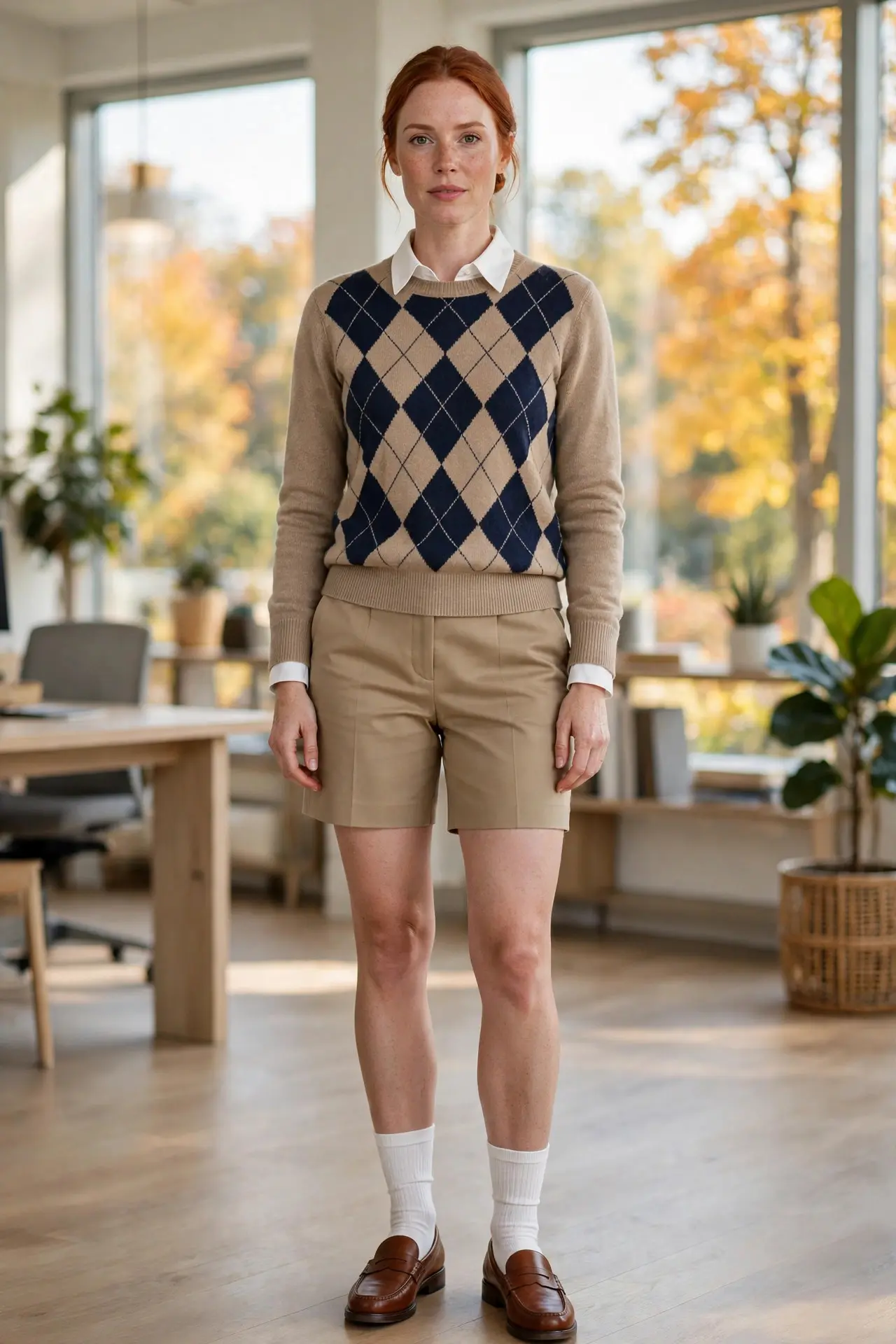 Woman in a beige and navy argyle sweater over a white collared shirt with tan tailored shorts, white socks and brown loafers in a bright office