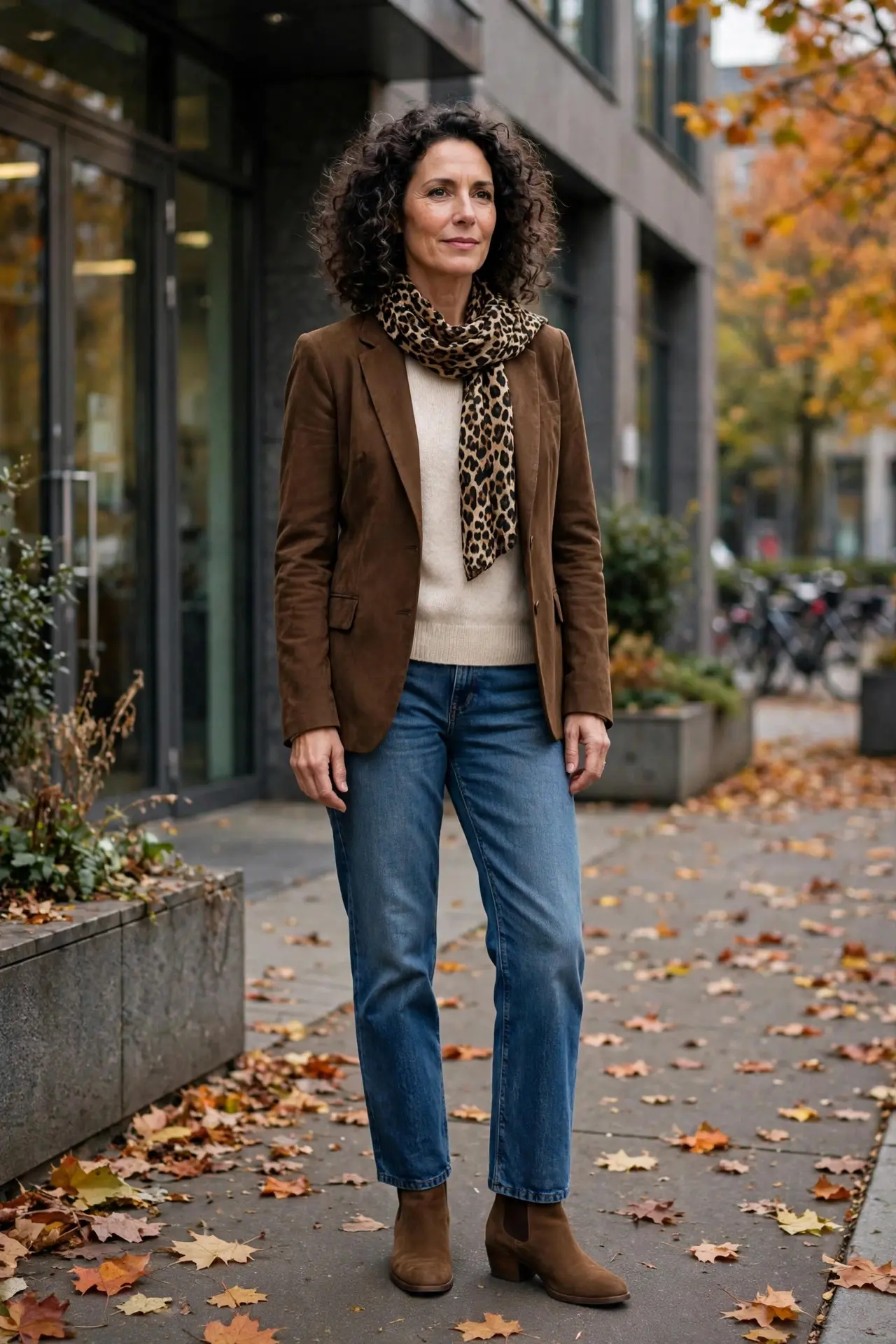 Woman in a brown blazer over a cream sweater and blue jeans with a leopard print scarf and brown ankle boots outside an office building