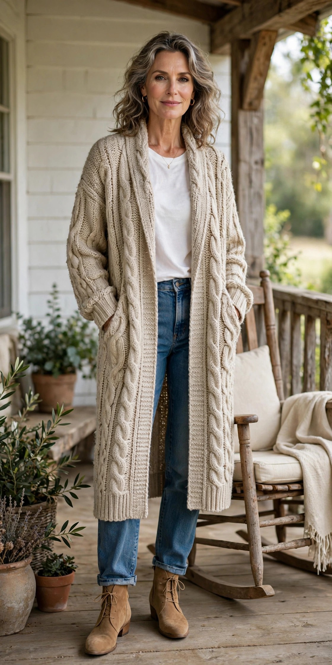 Elegant woman in her 50s in an oatmeal chunky cardigan and boyfriend jeans on a farmhouse porch