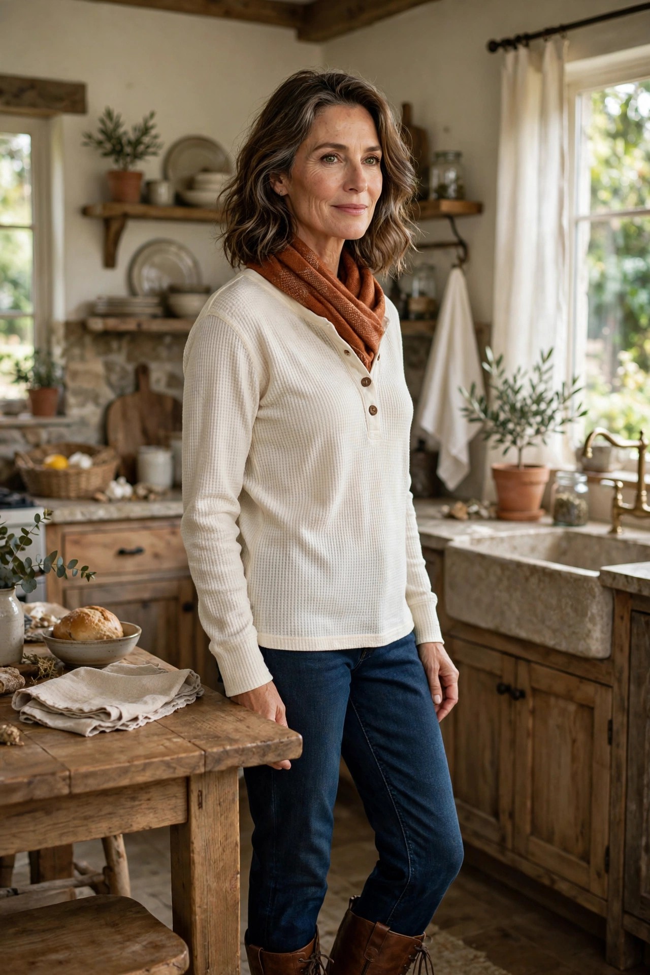 Woman over 50 in a cream thermal henley and dark jeans in a cozy farmhouse kitchen