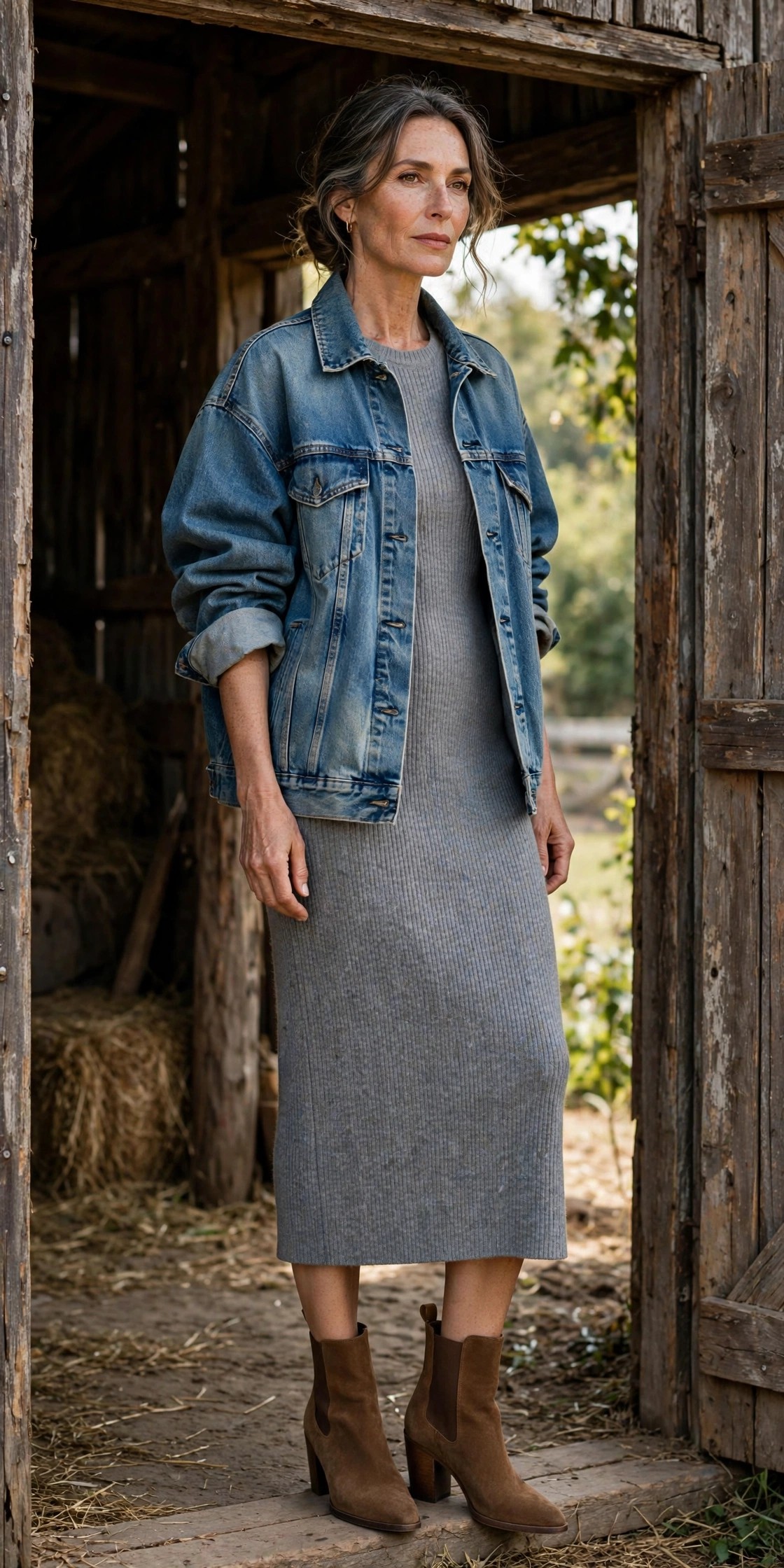 Mature woman in an oversized denim jacket over a grey knit dress at a barn doorway