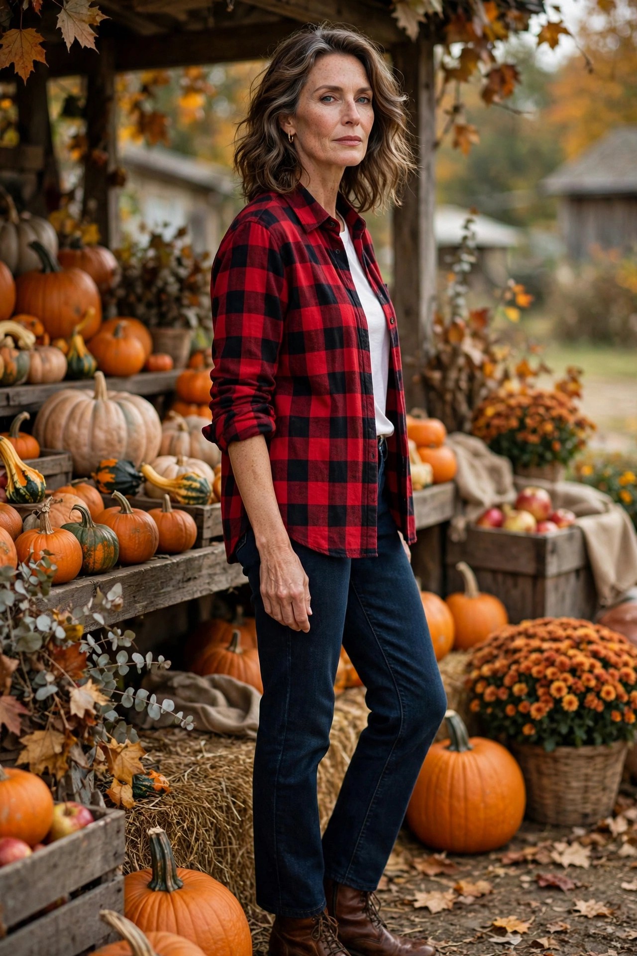Stylish woman over 50 in a red buffalo plaid shirt and dark jeans at a pumpkin farm stand